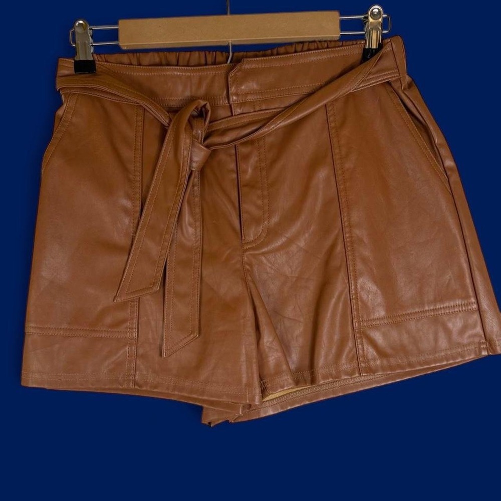 SHEIN Brown Faux Leather Belted High Waist Shorts Pockets Cognac Tan Large